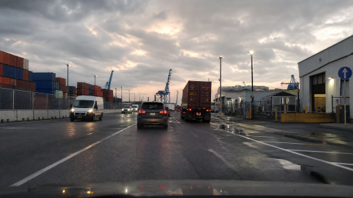 Wet industrial port dawn preview